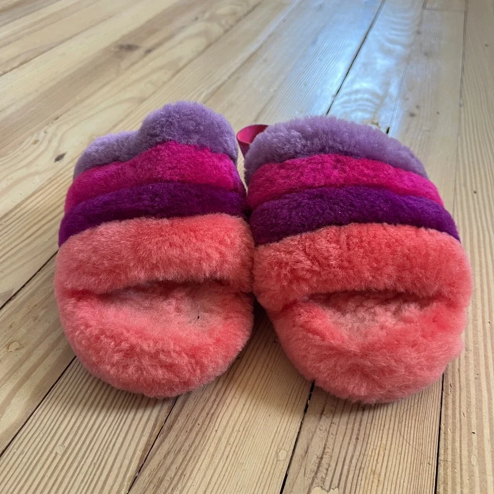 UGG Fluff Yeah Slide Pink Purple Striped Sheepskin Slingback Sandals Kids Size 2